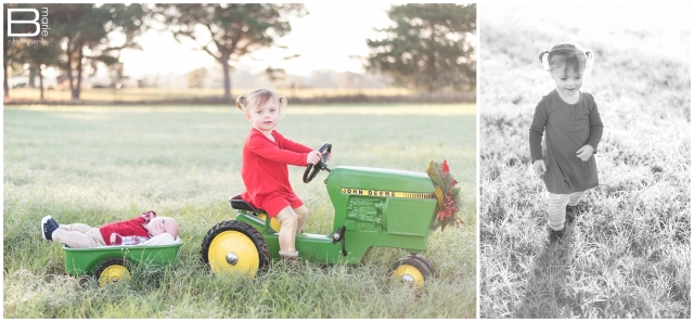 Kingwood family photographer fall family portrait session in open field with mini John Deere tractor